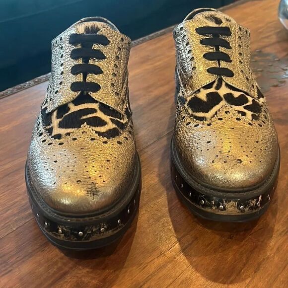 Michele Lopriore metallic gold leather/calf hair lace up oxfords, size 38/7.5! - Picture 2 of 12